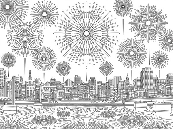 夜空いっぱいの花火と川面の反射を描いた大人向けの白黒ぬりえ