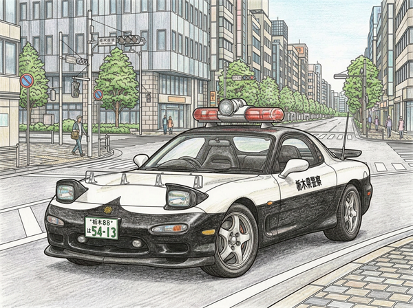 街角を走るパトカーと交差点の風景を細かく描いた大人向けの白黒ぬりえ色見本