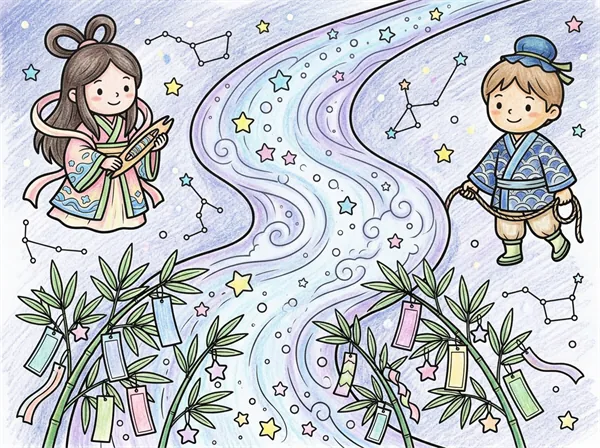 天の川と星、笹飾り、織姫と彦星を描いた七夕の白黒ぬりえ色見本