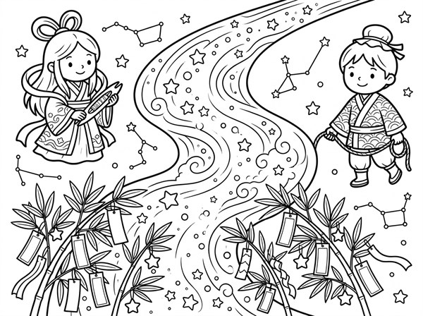 天の川と星、笹飾り、織姫と彦星を描いた七夕の白黒ぬりえ
