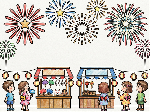 夜空の花火と小さな屋台を描いた子ども向けのぬりえ 見本