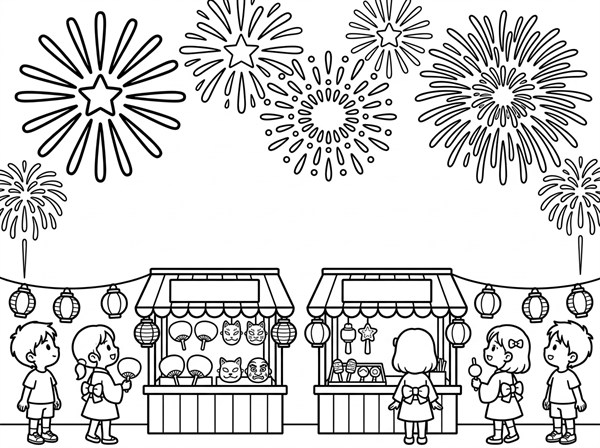 夜空の花火と小さな屋台を描いた子ども向けの白黒ぬりえ
