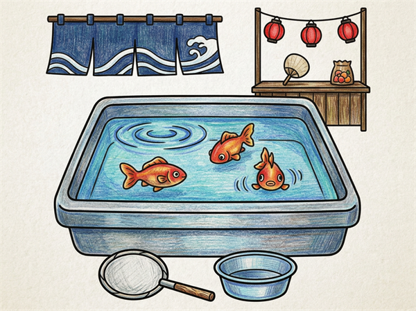 夏祭りの屋台で金魚すくいをしている場面の塗り絵