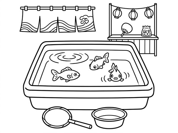 夏祭りの屋台で金魚すくいをしている場面の塗り絵
