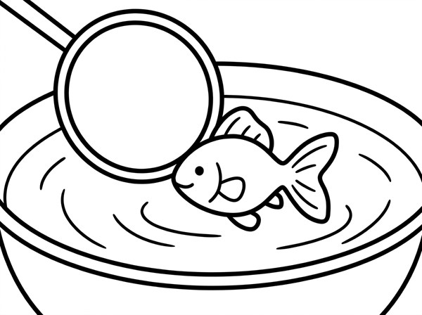 ポイで金魚をすくう様子が描かれた塗り絵