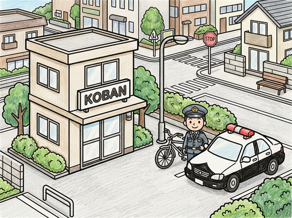 交番の前に止まるパトカーと警察官を描いた小学生向けの色見本ぬりえ