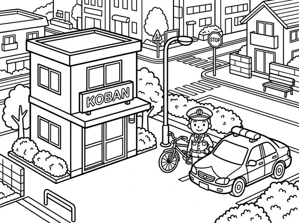 交番の前に止まるパトカーと警察官を描いた小学生向けの白黒ぬりえ
