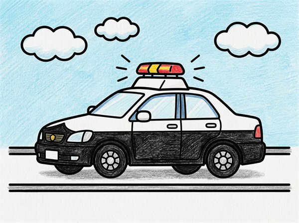赤色灯と道路が描かれたサイレンを鳴らすパトカーの子ども向け色見本ぬりえ