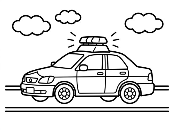赤色灯と道路が描かれたサイレンを鳴らすパトカーの子ども向け白黒ぬりえ
