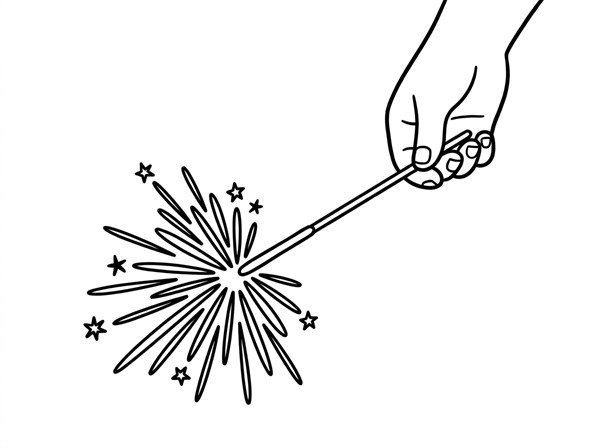 大きな手持ち花火を1本だけ描いた幼児向けの白黒ぬりえ
