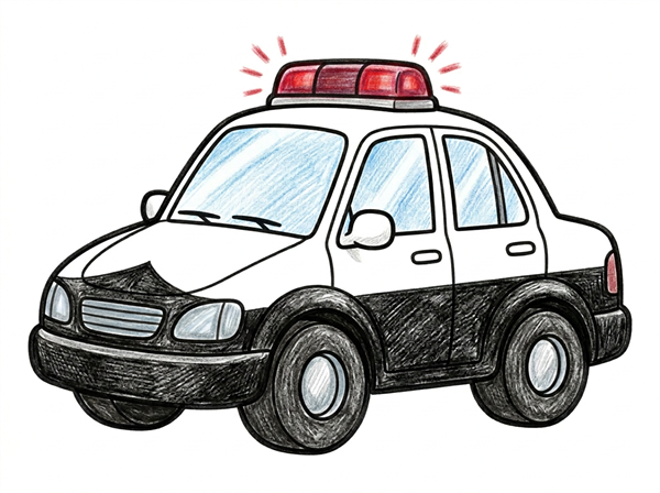 大きなパトカーを1台だけ中央に描いた幼児向けのぬりえ色見本