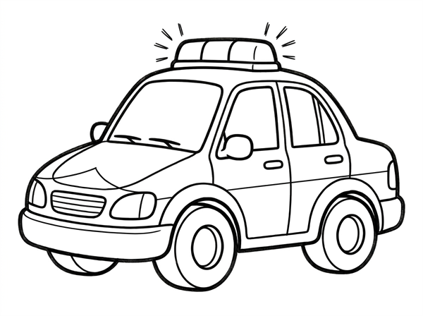 大きなパトカーを1台だけ中央に描いた幼児向けの白黒ぬりえ