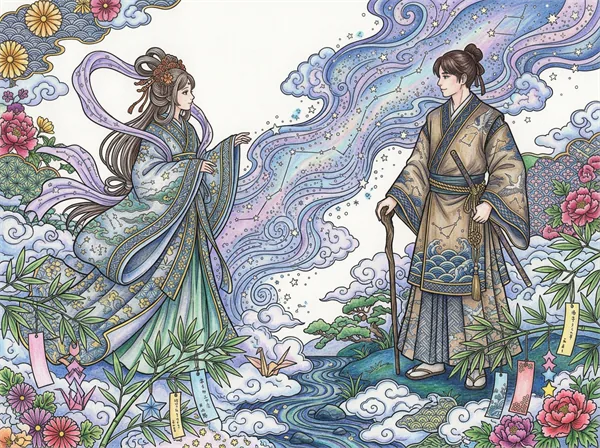 天の川をはさんで向かい合う織姫と彦星を描いた七夕の超細かいぬりえ色見本
