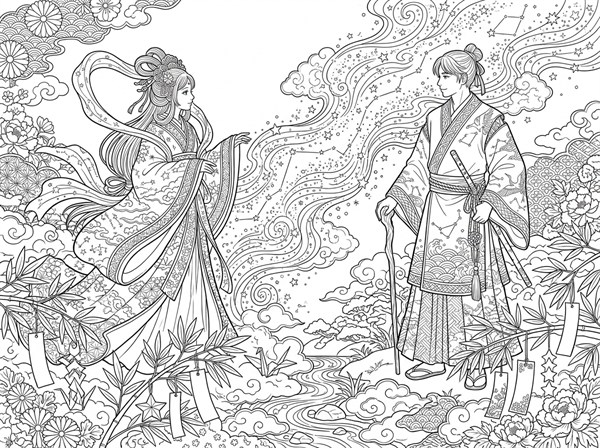 天の川をはさんで向かい合う織姫と彦星を描いた七夕の超細かい白黒ぬりえ
