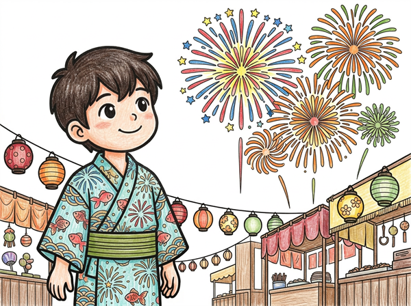 浴衣を着た子どもが花火を見上げる小学生向けのぬりえ見本