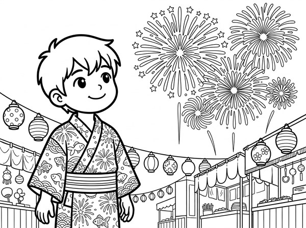 浴衣を着た子どもが花火を見上げる小学生向けの白黒ぬりえ
